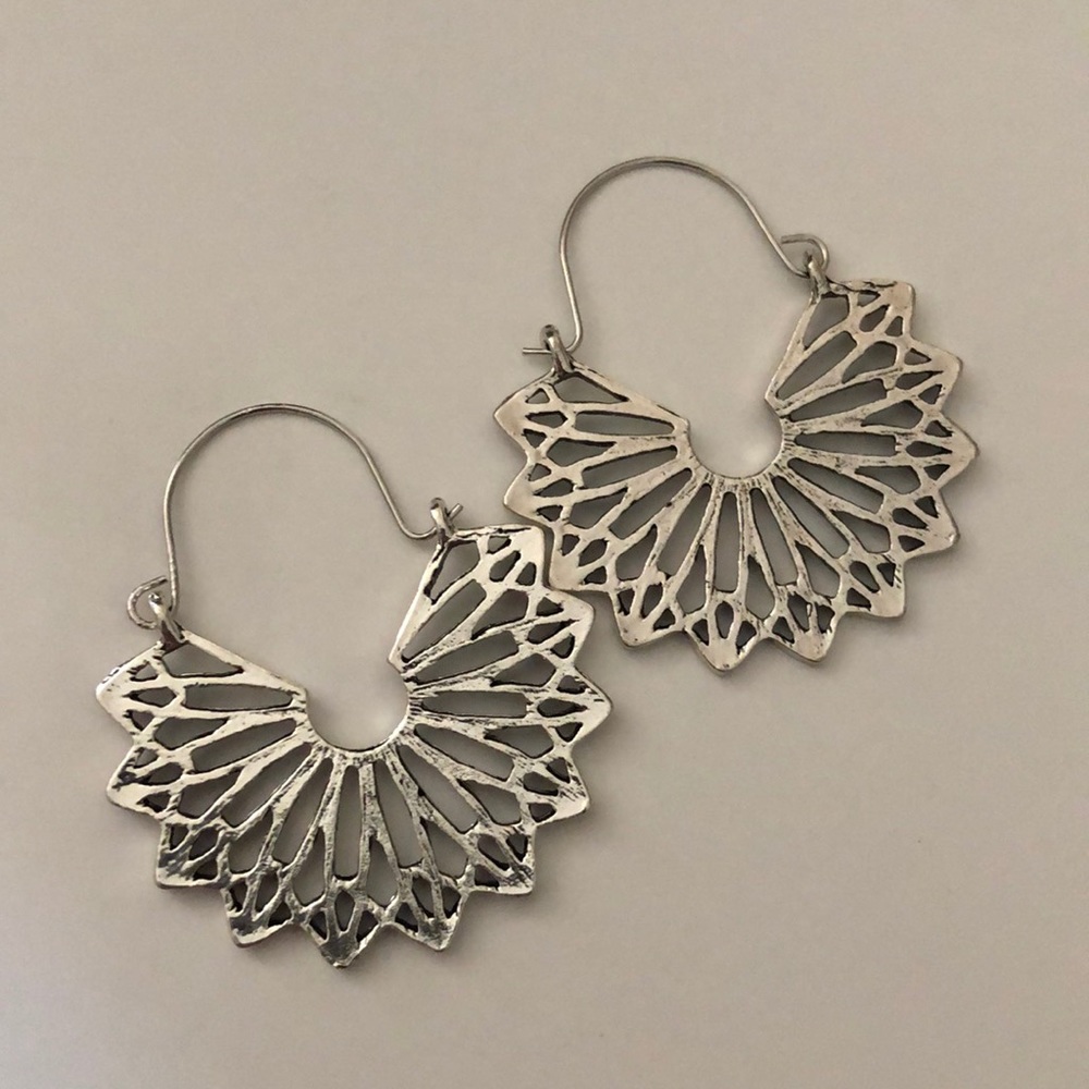Geo Boho Hollow Drop Hoop Silver earrings - Picture 6 of 7